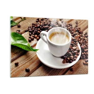 Glasbild - Bild auf glas - Eine Tasse Kaffee, umgeben von Bohnen auf einem Holztisch - 120x80cm - Kaffee auf der Bank - Moderne Wanddekoration für Wohnzimmer und Schlafzimmer ARTTOR
