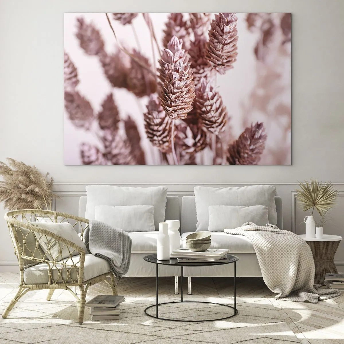 Glasbild - Bild auf glas - Getrocknete Grashalme in Puderrosa-Tönen - 100x70cm - Scheinbar unauffällig - Moderne Wanddekoration für Wohnzimmer und Schlafzimmer ARTTOR