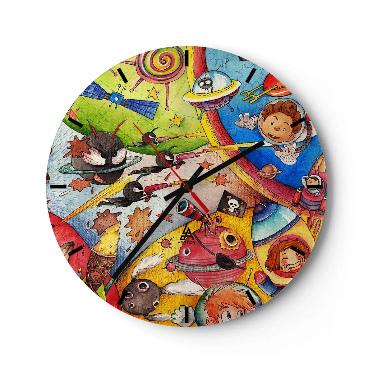 Wanduhr - Glasuhr - Eine farbenfrohe Illustration von Weltraumabenteuern - 30x30cm - Tolles Weltraumabenteuer - Moderne Wanddekoration für Wohnzimmer, Küche und Schlafzimmer ARTTOR