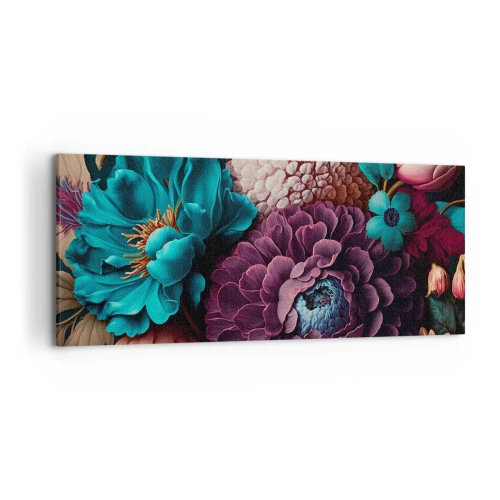Bild auf Leinwand - Leinwandbild - Ein Blumenstrauß in intensiven Farben auf dunklem Hintergrund - 120x50cm - Natur in Hülle und Fülle - Moderne Wanddekoration für Wohnzimmer und Schlafzimmer ARTTOR
