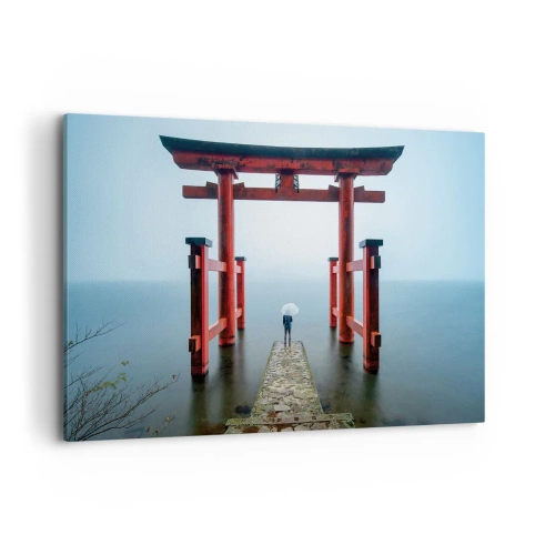 Bild auf Leinwand - Leinwandbild - Ein Torii-Tor mit Blick auf einen ruhigen See in Japan - 120x80cm - Japanische Träumerei - Moderne Wanddekoration für Wohnzimmer und Schlafzimmer ARTTOR