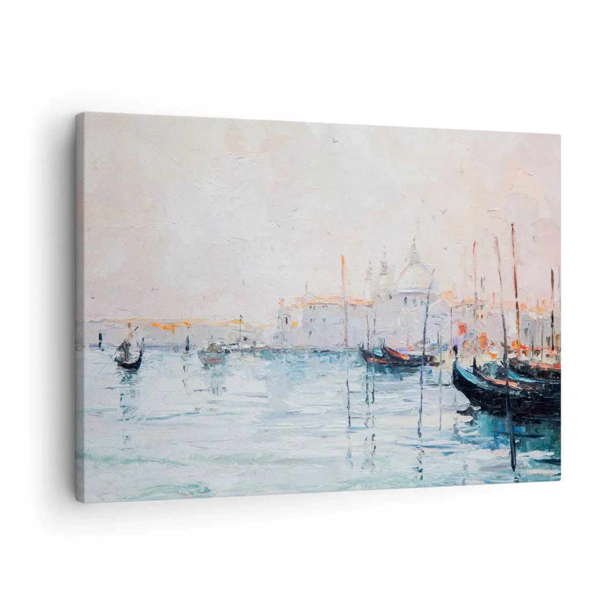 Bild auf Leinwand - Leinwandbild - Malerischer Blick auf die Kanäle mit pastellfarbenen Booten - 70x50cm - Hinter dem Wasser, hinter dem Nebel - Moderne Wanddekoration für Wohnzimmer und Schlafzimmer ARTTOR