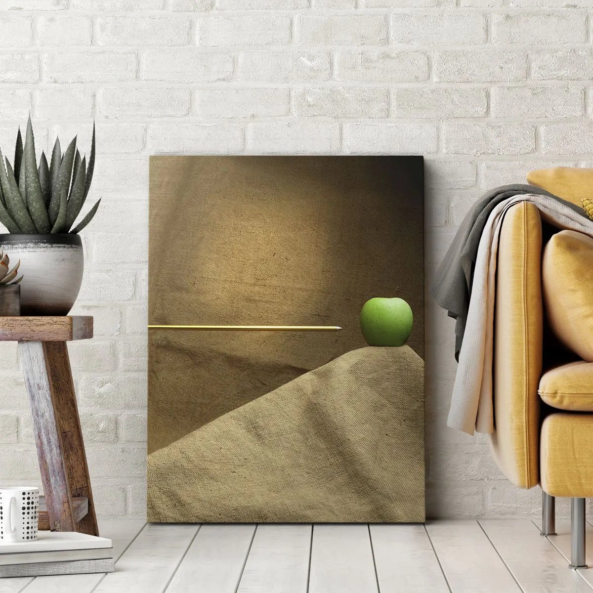 Bild auf Leinwand - Leinwandbild - Grüner Apfel auf Stoff mit einem Pfeil, der eine Komposition ergibt - 50x70cm - Beschwöre den Geist von Wilhelm Tell - Moderne Wanddekoration für Wohnzimmer und Schlafzimmer ARTTOR