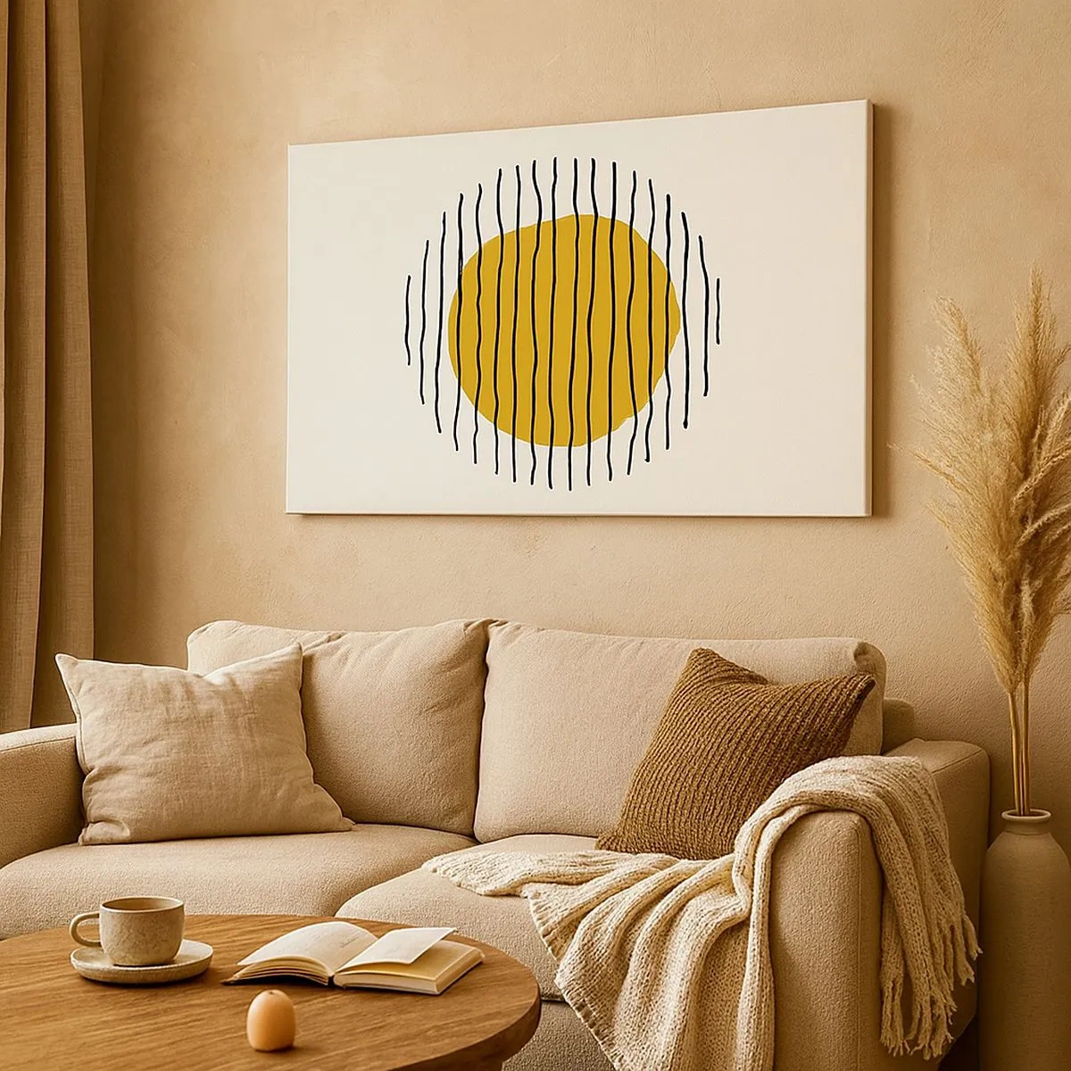 Bild auf Leinwand - Leinwandbild - Ein minimalistisches Motiv mit einem gelben Kreis und schwarzen Linien. - 70x50cm - Abstraktion, die vor Hitze zittert - Moderne Wanddekoration für Wohnzimmer und Schlafzimmer ARTTOR