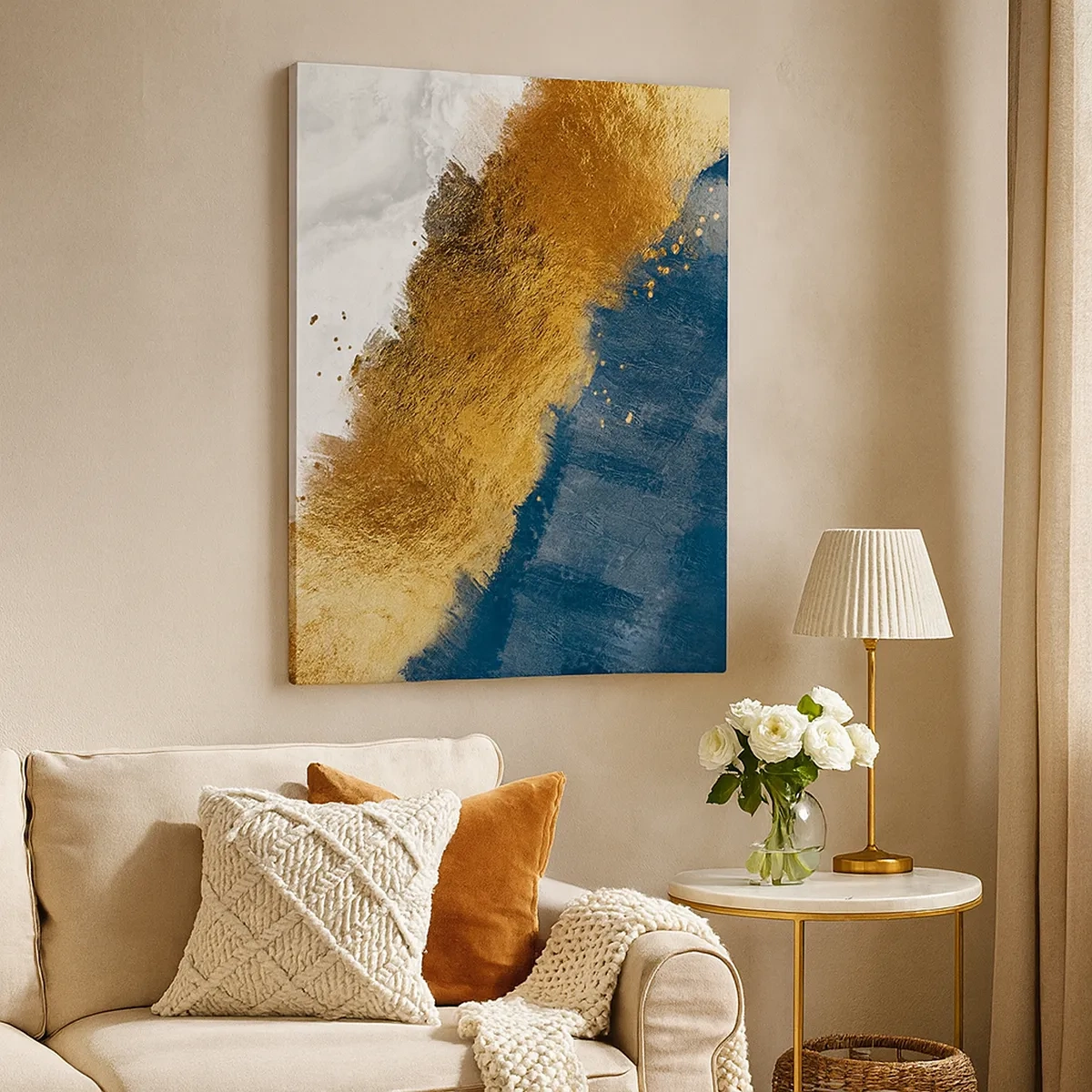 Bild auf Leinwand - Leinwandbild - Eine abstrakte Komposition in Gold-, Blau- und Weißtönen. - 50x70cm - Farben des Sommers - Moderne Wanddekoration für Wohnzimmer und Schlafzimmer ARTTOR
