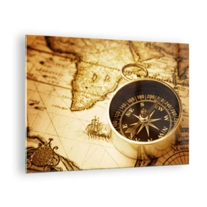 Glasbild - Bild auf glas - Ein goldener Kompass auf einem alten Kartenhintergrund - 70x50cm - Ost oder West? - Moderne Wanddekoration für Wohnzimmer und Schlafzimmer ARTTOR