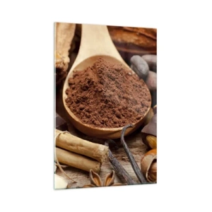 Glasbild - Bild auf glas - Ein Löffel Kakao- und Schokoladenzutaten in einem rustikalen Arrangement - 80x120cm - Die Beste gegen Sorgen - Moderne Wanddekoration für Wohnzimmer und Schlafzimmer ARTTOR