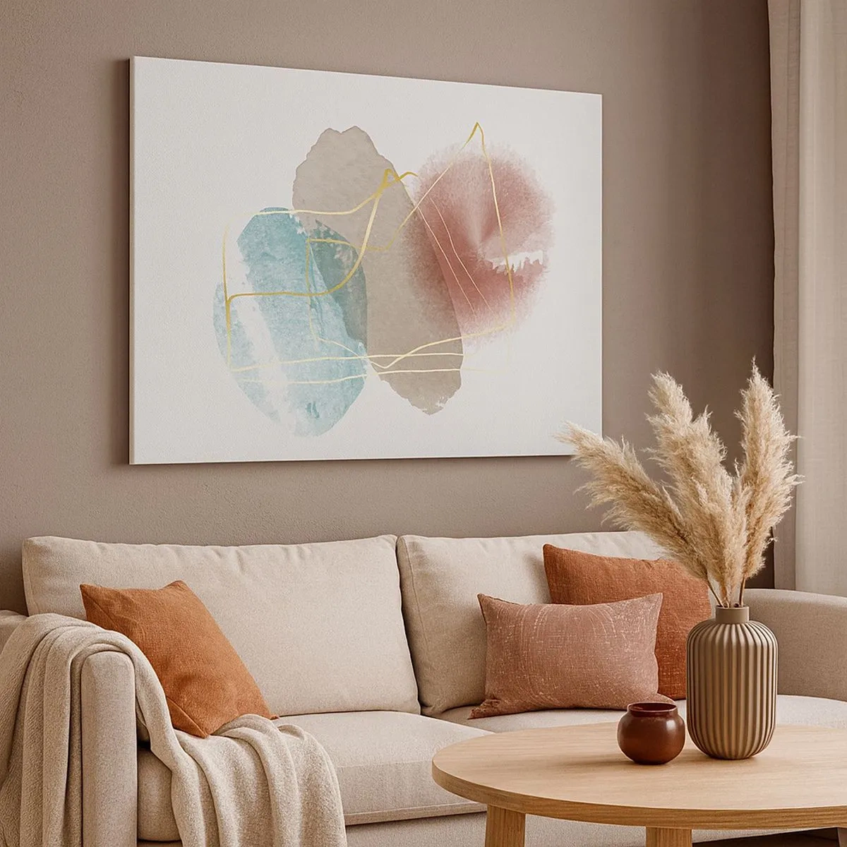 Bild auf Leinwand - Leinwandbild - Abstrakte Formen mit zarten Farben und goldenen Linien - 70x50cm - Korallen des Weltraums - Moderne Wanddekoration für Wohnzimmer und Schlafzimmer ARTTOR