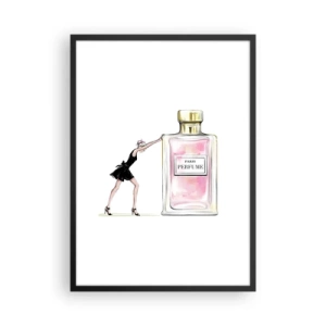 Poster in einem schwarzem Rahmen - Illustration eines Parfümflakons mit der Silhouette einer Frau in einem Kleid - 50x70cm - Essenz der Weiblichkeit - Moderne Wanddekoration für Wohnzimmer und Schlafzimmer ARTTOR
