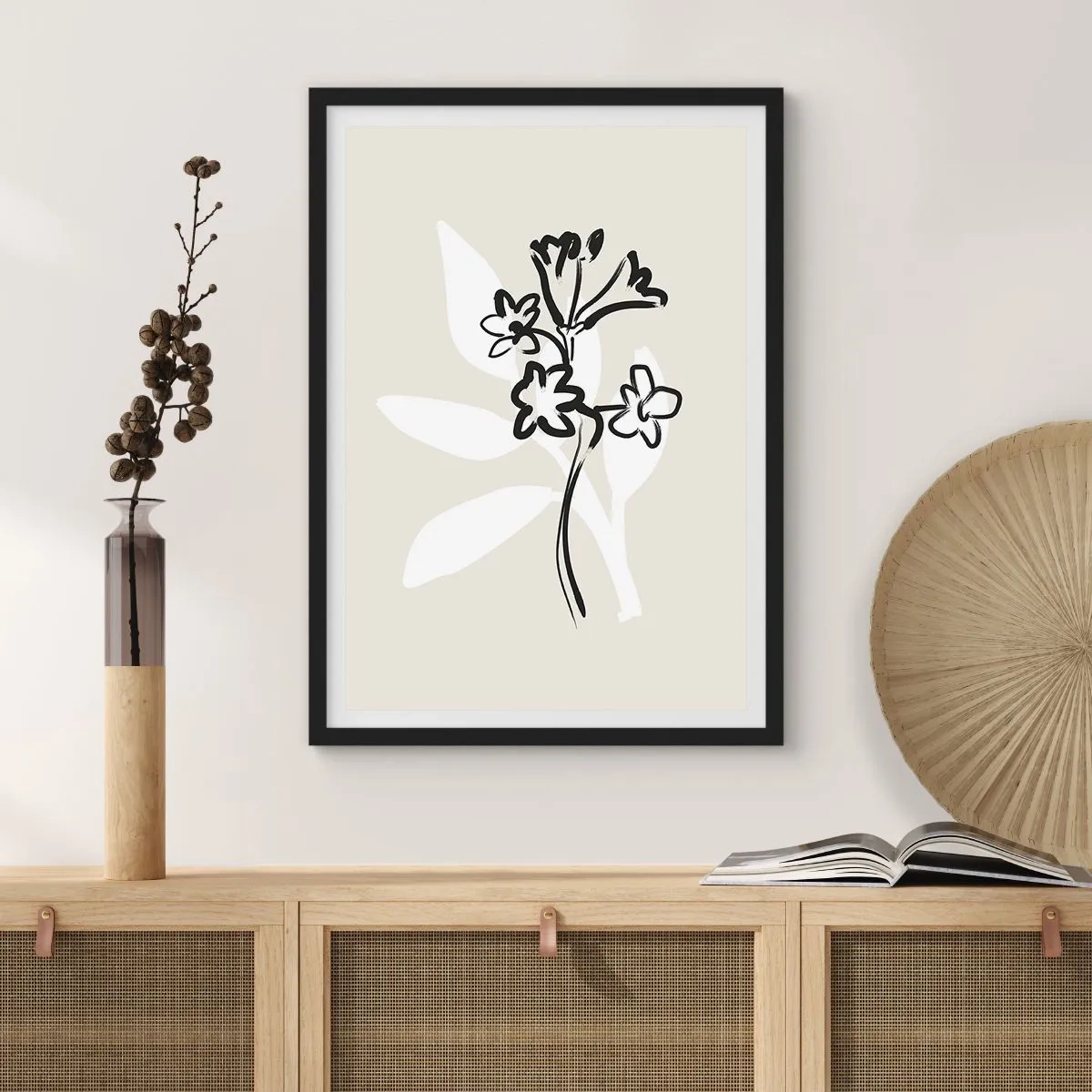 Poster in einem schwarzem Rahmen - Minimalistische Blumenzeichnung - 50x70cm - Skizze für das Herbarium - Moderne Wanddekoration für Wohnzimmer und Schlafzimmer ARTTOR