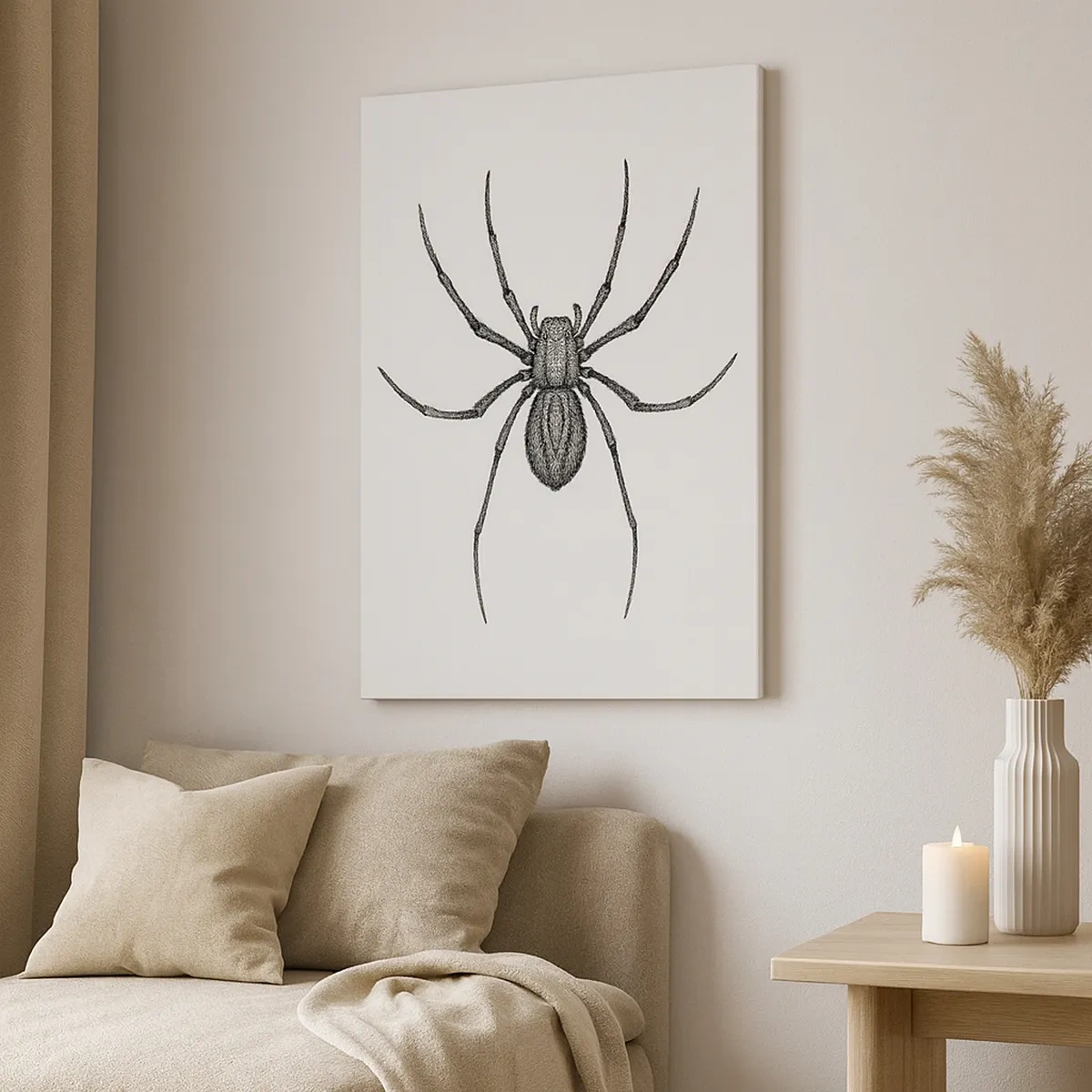 Bild auf Leinwand - Leinwandbild - Detail einer Spinne auf weißem Hintergrund im Cartoon-Stil - 50x70cm - Beunruhigende Präzision - Moderne Wanddekoration für Wohnzimmer und Schlafzimmer ARTTOR