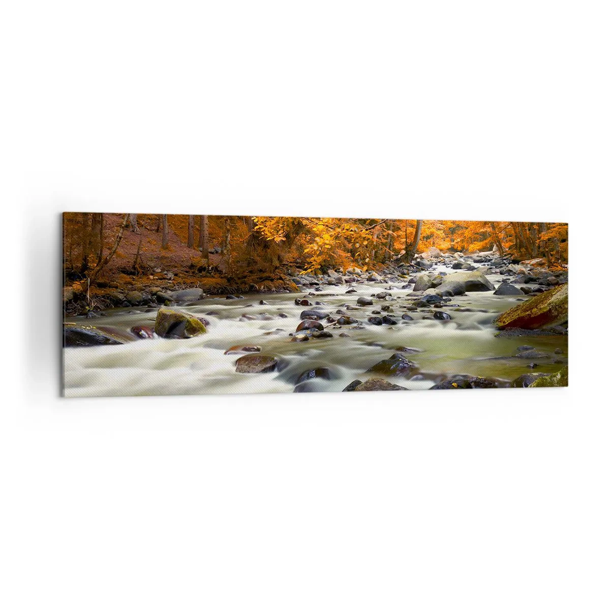 Bild auf Leinwand - Leinwandbild - Ein Bach in einem herbstlichen Wald, umgeben von goldenen Blättern - 160x50cm - Ein Bach in einem goldenen Wald - Moderne Wanddekoration für Wohnzimmer und Schlafzimmer ARTTOR