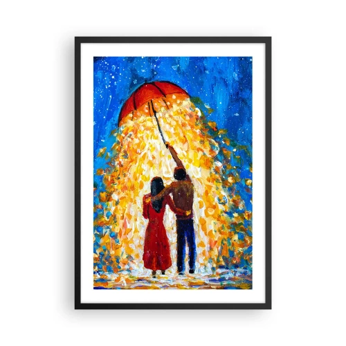 Poster in einem schwarzem Rahmen - Ein romantisches Paar unter einem Regenschirm voller Licht - 50x70cm - Zauber eines Regenabends? - Moderne Wanddekoration für Wohnzimmer und Schlafzimmer ARTTOR