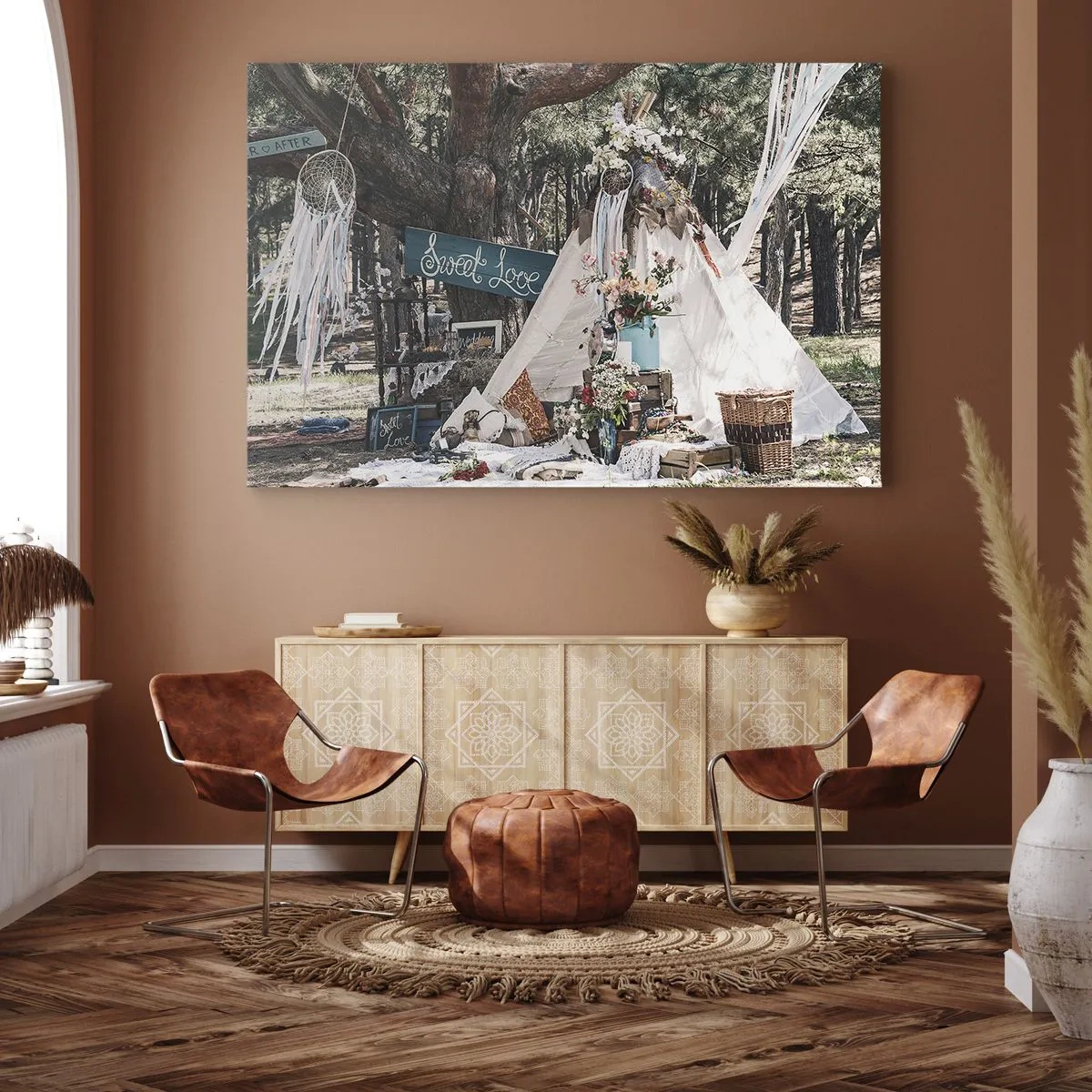Bild auf Leinwand - Leinwandbild - Boho-Dekoration mit einem Tipi im Wald - 120x80cm - Liebe machen ... - Moderne Wanddekoration für Wohnzimmer und Schlafzimmer ARTTOR