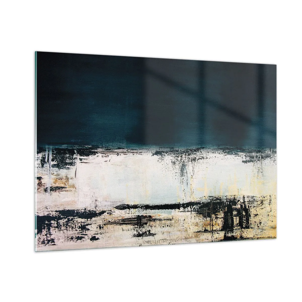 Glasbild - Bild auf glas - Abstrakte Landschaft in Marineblau- und Weißtönen - 100x70cm - Horizontale Komposition - Moderne Wanddekoration für Wohnzimmer und Schlafzimmer ARTTOR