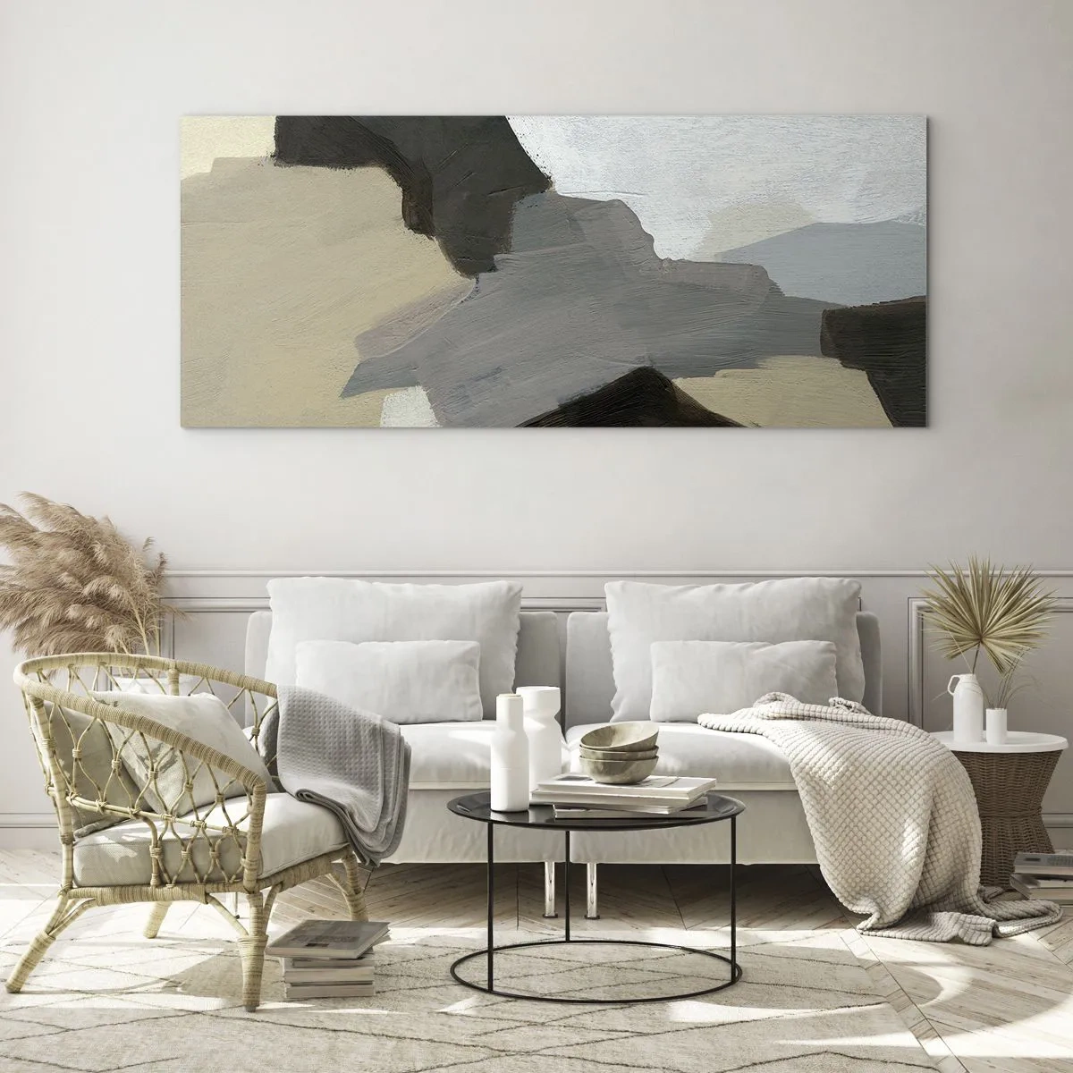 Glasbild - Bild auf glas - Abstrakte Formen in Beige-, Braun- und Grautönen - 160x50cm - Abstraktion: Scheideweg des Graus - Moderne Wanddekoration für Wohnzimmer und Schlafzimmer ARTTOR