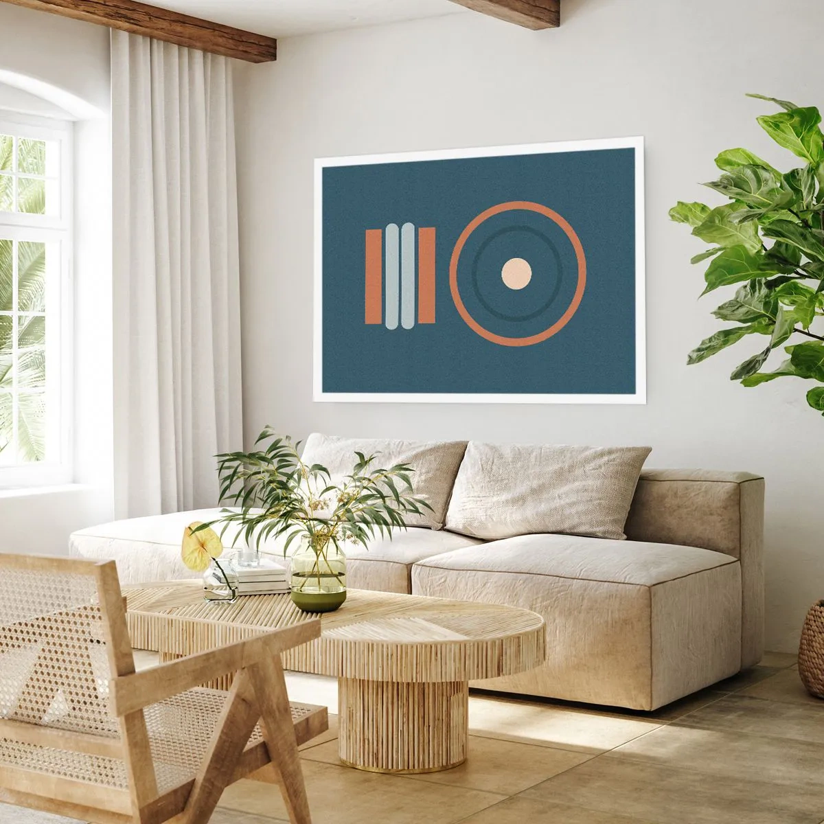 Poster - Eine geometrische Komposition mit Kreisen und Rechtecken in gedämpften Farben. - 100x70cm - Das Wesen der Dinge - Moderne Wanddekoration für Wohnzimmer und Schlafzimmer ARTTOR