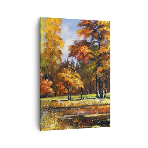 Bild auf Leinwand - Leinwandbild - Herbstlandschaft mit bunten Bäumen und einem Teich - 70x100cm - Landschaft in Gold und Bronze - Moderne Wanddekoration für Wohnzimmer und Schlafzimmer ARTTOR