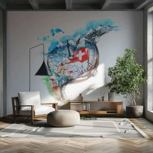 Selbstklebende Fototapete Deluxe Sticker - Der Geist der Schweiz - Abstraktion, Schweizer Uhr, Alpen - 150x105 cm