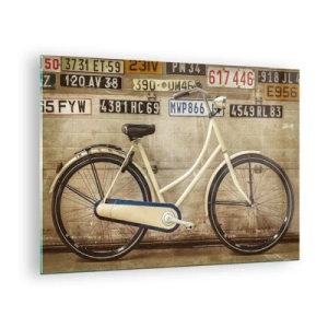 Glasbild - Bild auf glas - Ein altes Fahrrad an einer Wand mit Nummernschildern - 70x50cm - Keine Komplexe - Moderne Wanddekoration für Wohnzimmer und Schlafzimmer ARTTOR