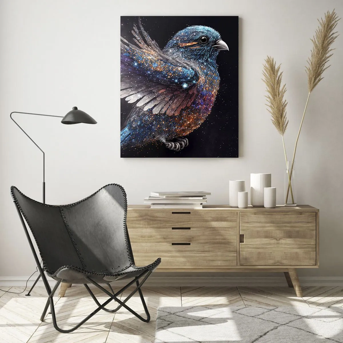 Glasbild - Bild auf glas - Ein Spatz im Space-Age-Stil mit Diamantglanz - 80x120cm - Diamantsperling - Moderne Wanddekoration für Wohnzimmer und Schlafzimmer ARTTOR