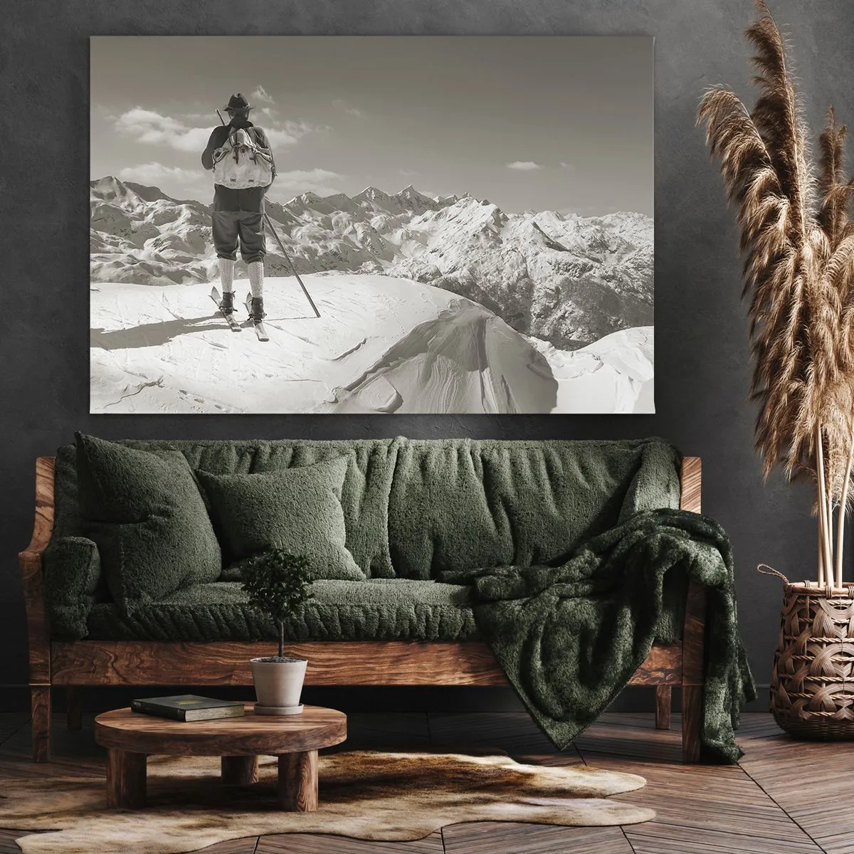 Bild auf Leinwand - Leinwandbild - Ein Skifahrer auf einem Berggipfel in Schwarz und Weiß - 120x80cm - Und die Berge bleiben unverändert - Moderne Wanddekoration für Wohnzimmer und Schlafzimmer ARTTOR