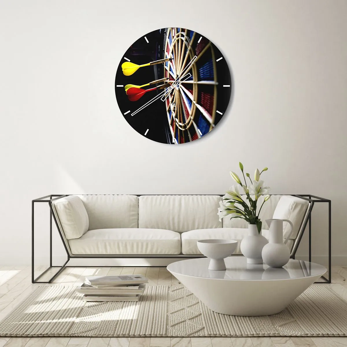 Wanduhr - Glasuhr - Darts treffen das Ziel - 30x30cm - Auf den Punkt gebracht - Moderne Wanddekoration für Wohnzimmer, Küche und Schlafzimmer ARTTOR