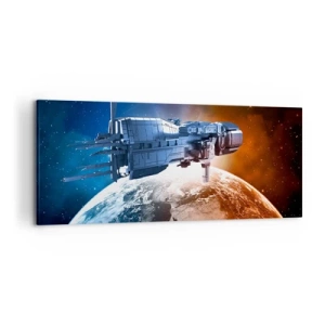 Bild auf Leinwand - Leinwandbild - Ein Raumschiff vor dem Hintergrund eines Planeten im Weltraum - 120x50cm - Ein aufmerksamer Beobachter - Moderne Wanddekoration für Wohnzimmer und Schlafzimmer ARTTOR