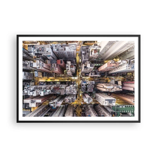 Poster in einem schwarzem Rahmen - Eine Stadt voller Wolkenkratzer aus der Vogelperspektive - 100x70cm - Grüße aus Hongkong - Moderne Wanddekoration für Wohnzimmer und Schlafzimmer ARTTOR