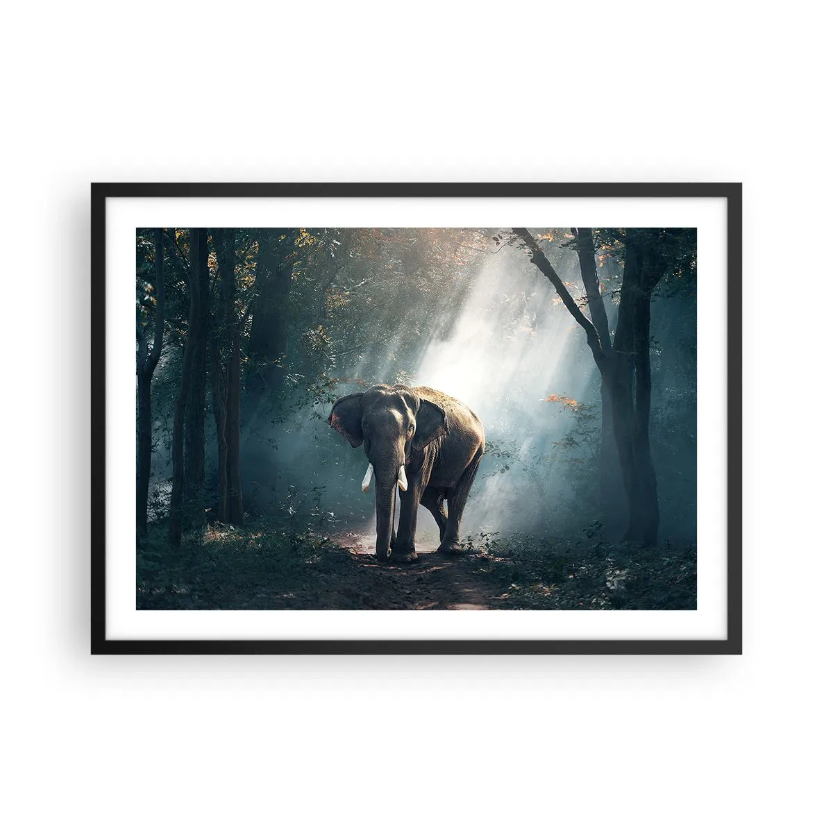 Poster in einem schwarzem Rahmen - Elefant im Waldlicht - 70x50cm - Ein gemütlicher Spaziergang - Moderne Wanddekoration für Wohnzimmer und Schlafzimmer ARTTOR