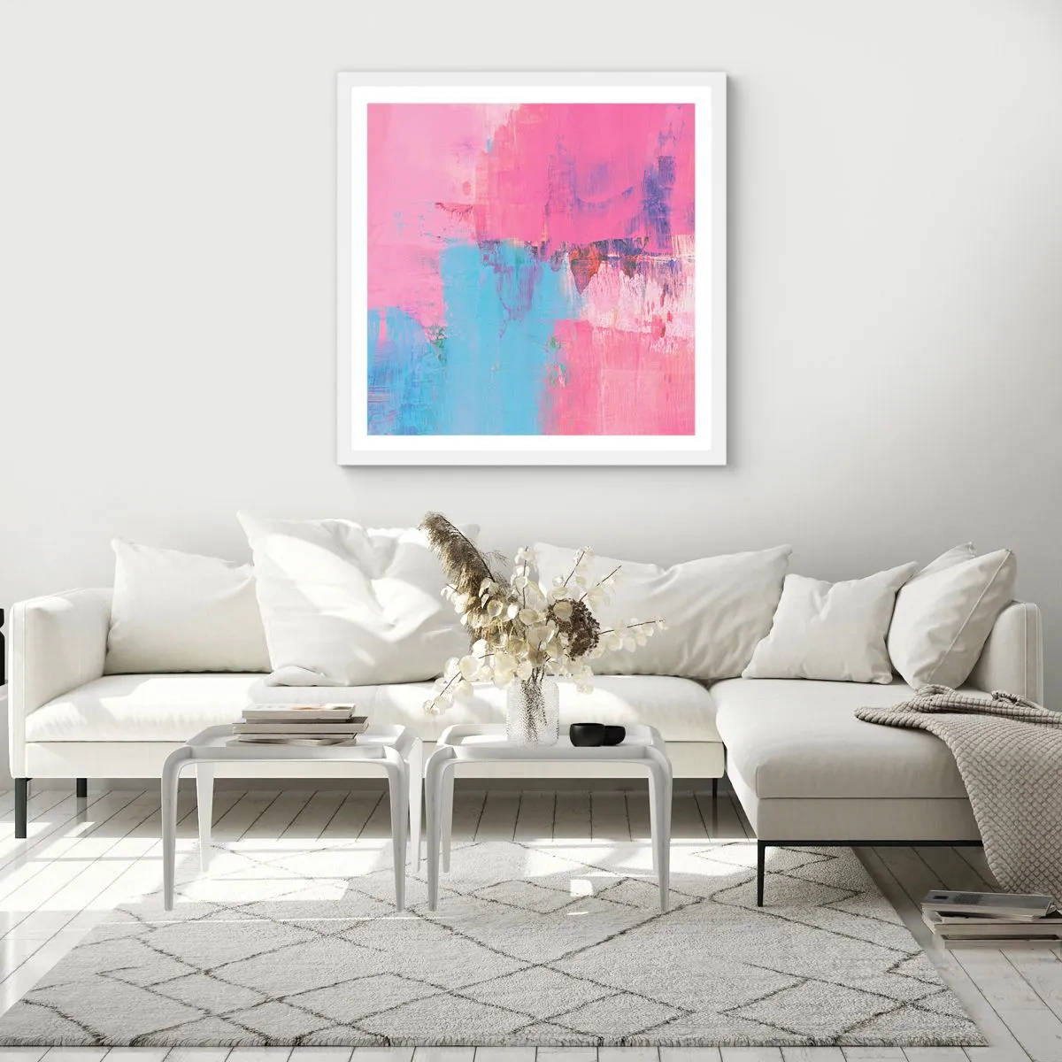 Poster in einem weißen Rahmen - Rosa, Blau und eine Prise Licht - 60x60 cm