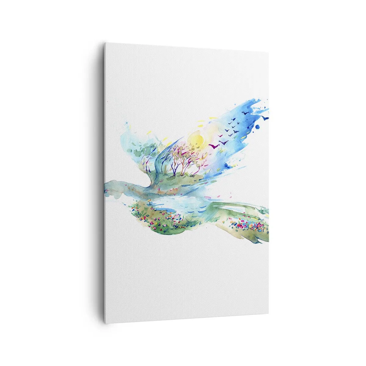 Bild auf Leinwand - Leinwandbild - Aquarellkomposition eines Vogels mit Elementen der Natur - 80x120cm - Auf den Flügeln der Natur - Moderne Wanddekoration für Wohnzimmer und Schlafzimmer ARTTOR