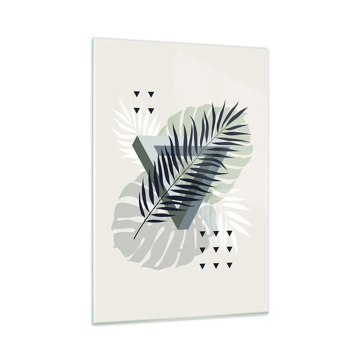 Glasbild - Bild auf glas - Geometrische Komposition mit tropischen Blättern in Grüntönen - 80x120cm - Natur und Geometrie – zwei Ordnungen? - Moderne Wanddekoration für Wohnzimmer und Schlafzimmer ARTTOR