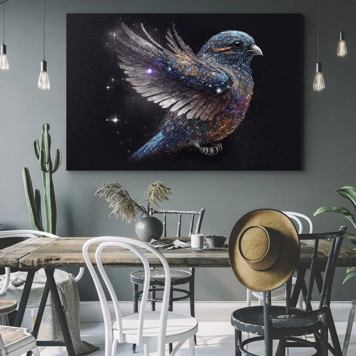 Bild auf Leinwand - Leinwandbild - Ein Spatz im Space-Age-Stil mit Diamantglanz - 70x50cm - Diamantsperling - Moderne Wanddekoration für Wohnzimmer und Schlafzimmer ARTTOR