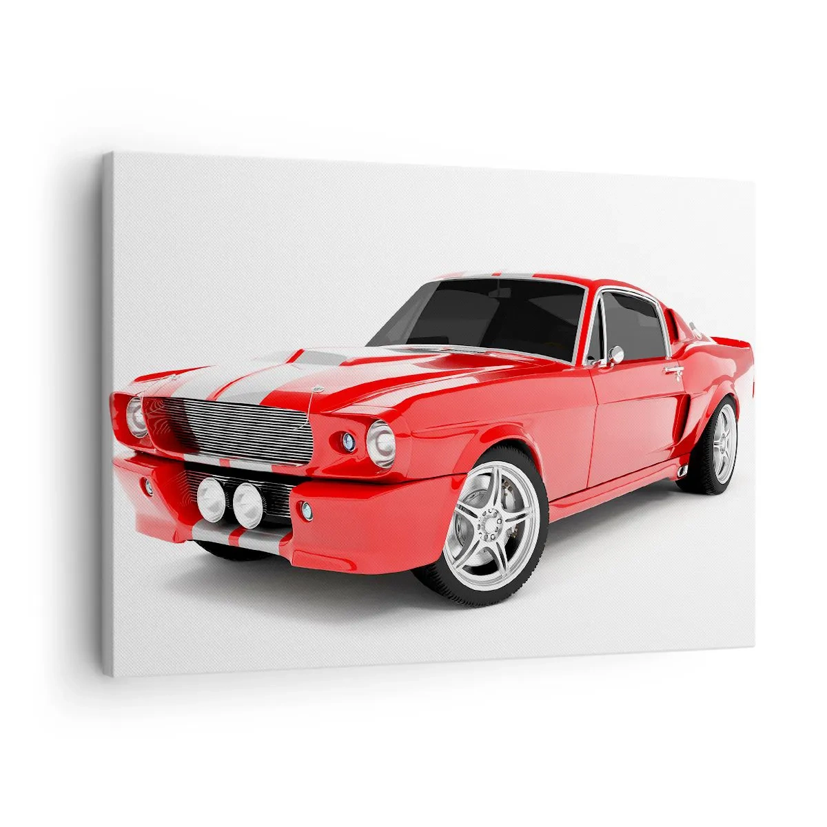 Bild auf Leinwand - Leinwandbild - Roter Sportwagen mit weißen Streifen - 70x50cm - Ein Mustang so schnell wie der Wind - Moderne Wanddekoration für Wohnzimmer und Schlafzimmer ARTTOR