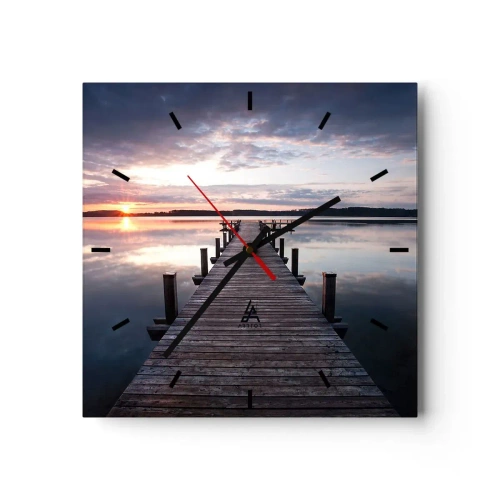 Wanduhr - Glasuhr - Ein Pier an einem See bei Sonnenuntergang in einer friedlichen Landschaft - 30x30cm - Eine stille Grenze zwischen Tag und Nacht - Moderne Wanddekoration für Wohnzimmer und Schlafzimmer ARTTOR