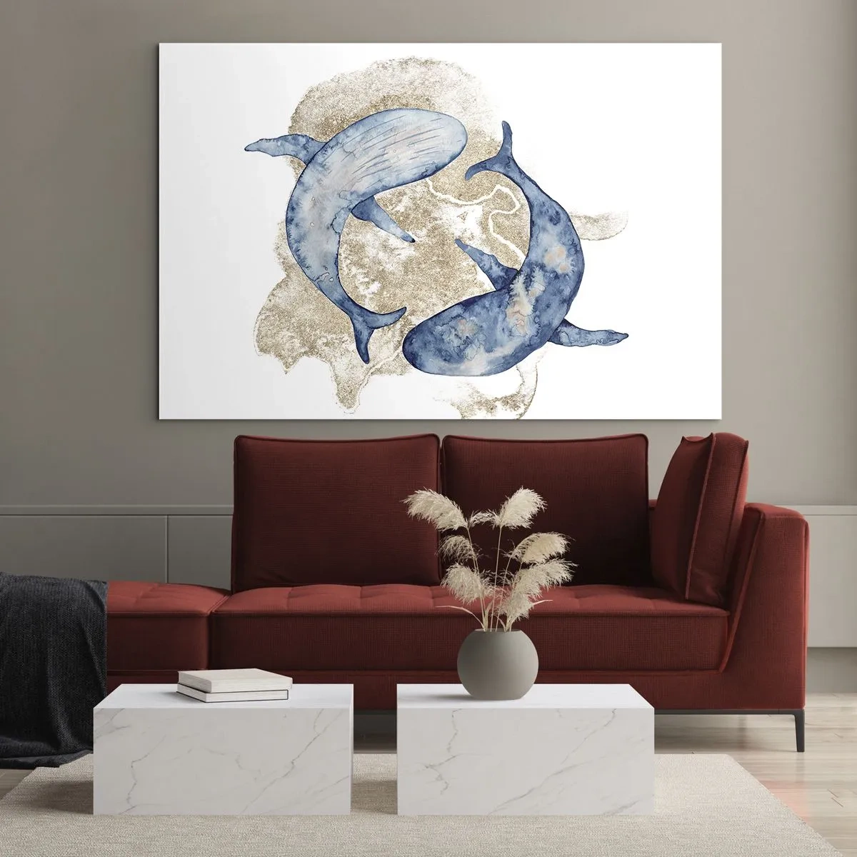 Glasbild - Bild auf glas - Zwei Blauwale vor einem Hintergrund aus abstrakten goldenen Flecken - 120x80cm - Freundschaft oder Liebe? - Moderne Wanddekoration für Wohnzimmer und Schlafzimmer ARTTOR