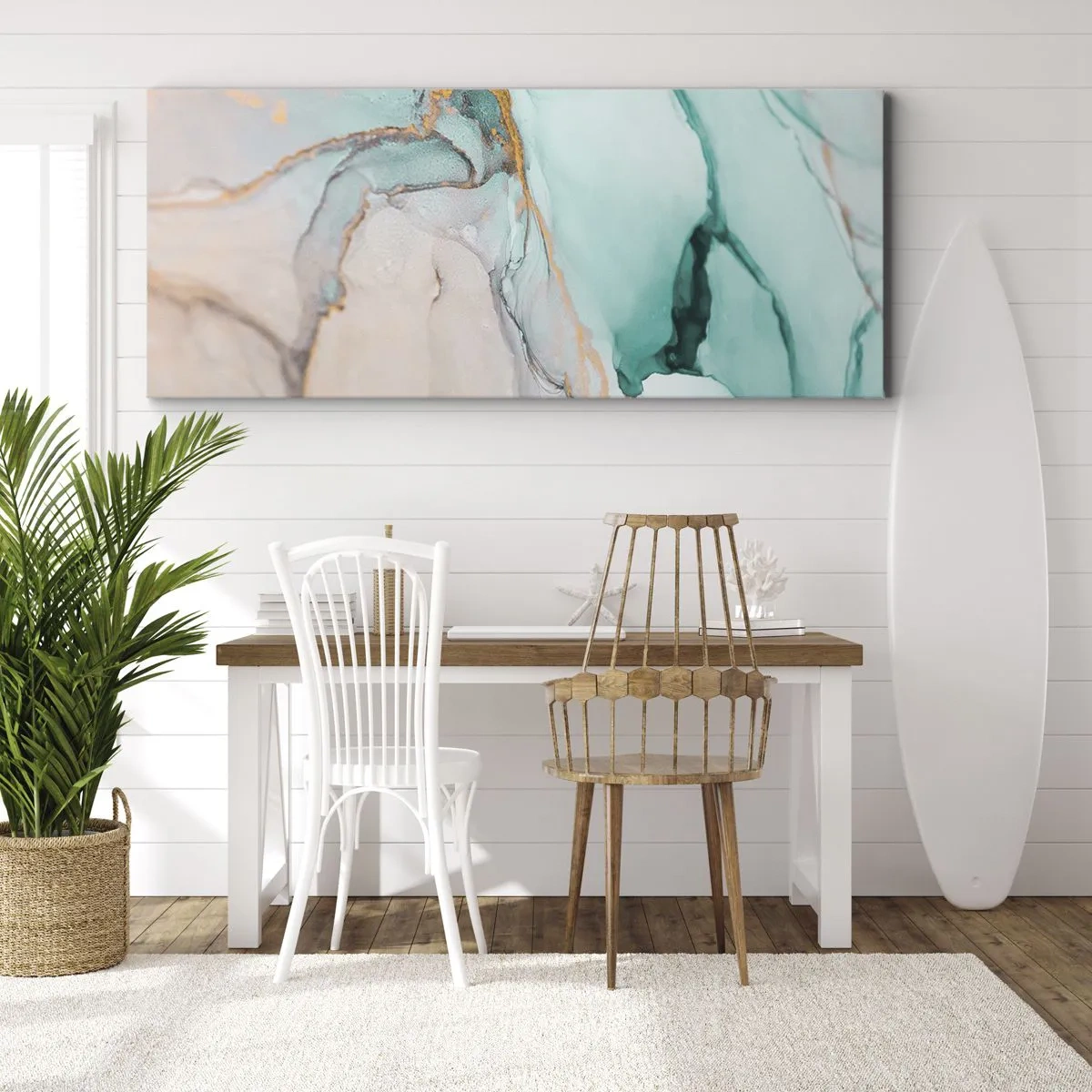 Bild auf Leinwand - Leinwandbild - Eine abstrakte Komposition in Türkis- und Goldtönen. - 140x50cm - Ein Tanz der Formen und Farben - Moderne Wanddekoration für Wohnzimmer und Schlafzimmer ARTTOR