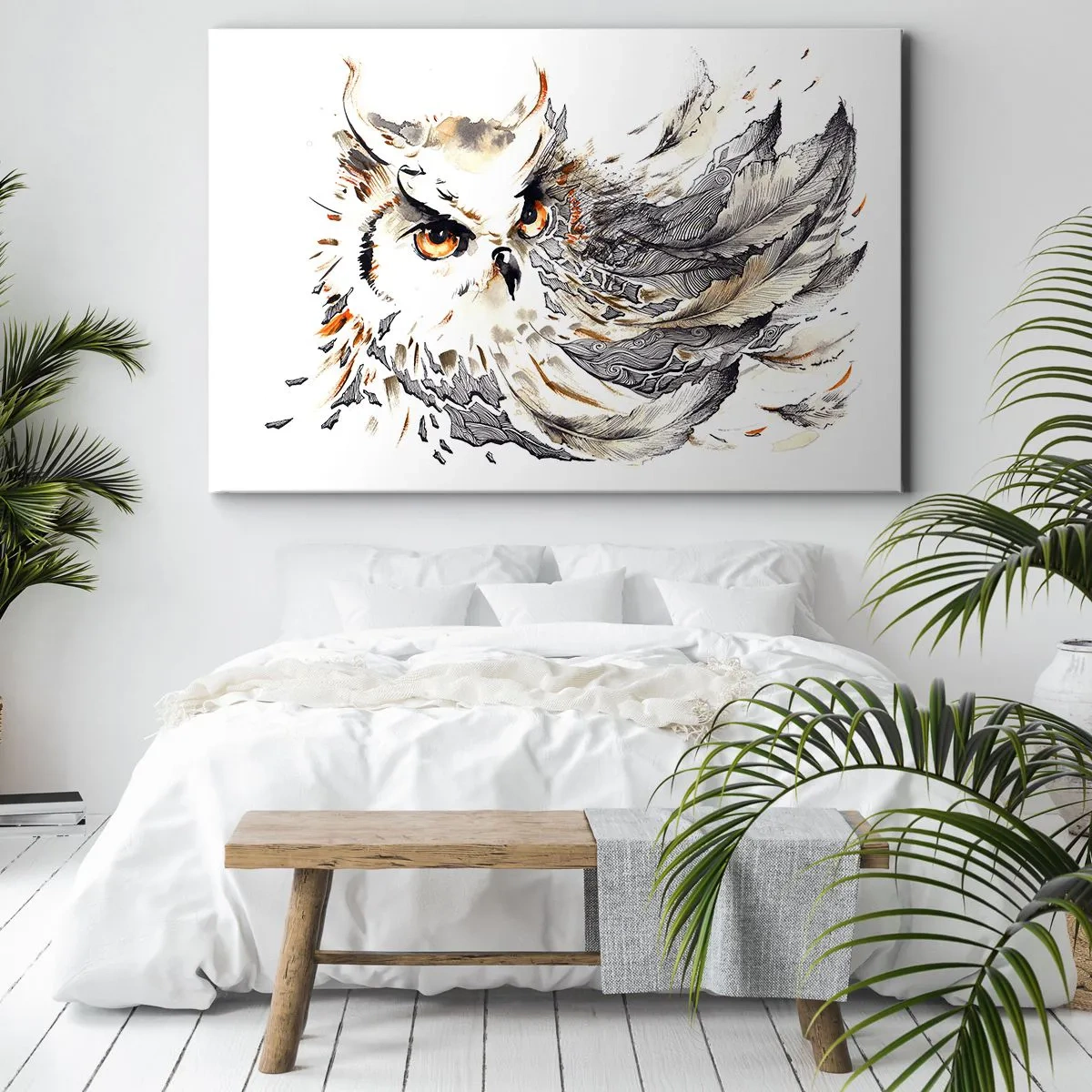 Bild auf Leinwand - Leinwandbild - Eine Eule mit mystischen Federn in einer künstlerischen Aquarellform - 70x50cm - Sie kam aus der Welt der Magie - Moderne Wanddekoration für Wohnzimmer und Schlafzimmer ARTTOR