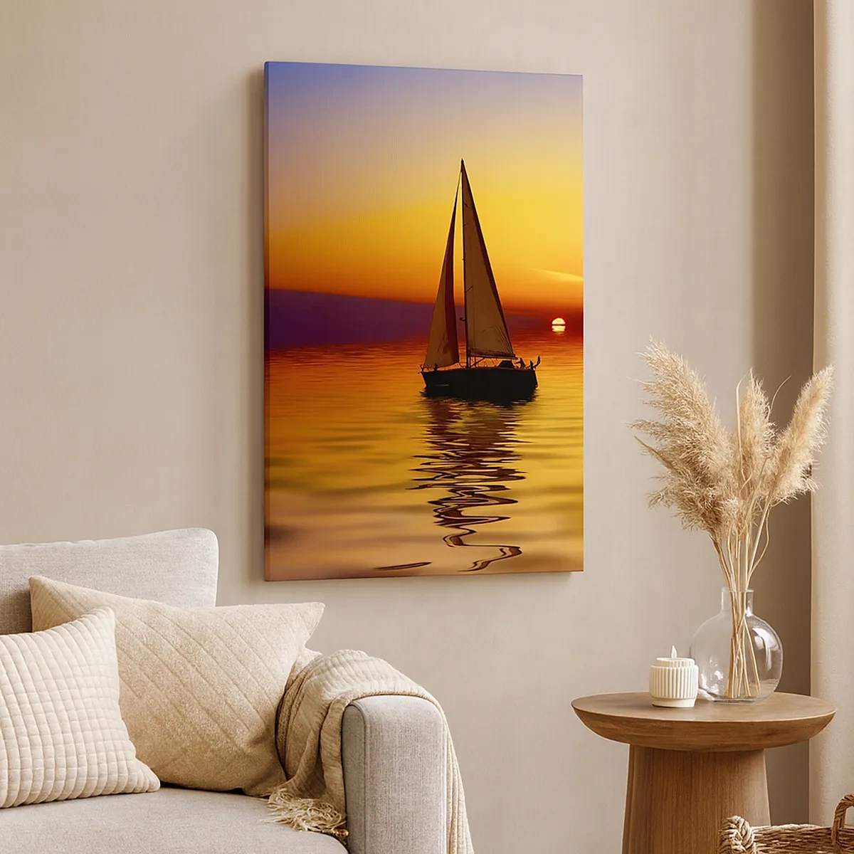 Bild auf Leinwand - Leinwandbild - Ein Segelboot auf ruhiger See bei Sonnenuntergang - 50x70cm - Wie ruhig es hier in der Abenddämmerung ist... - Moderne Wanddekoration für Wohnzimmer und Schlafzimmer ARTTOR