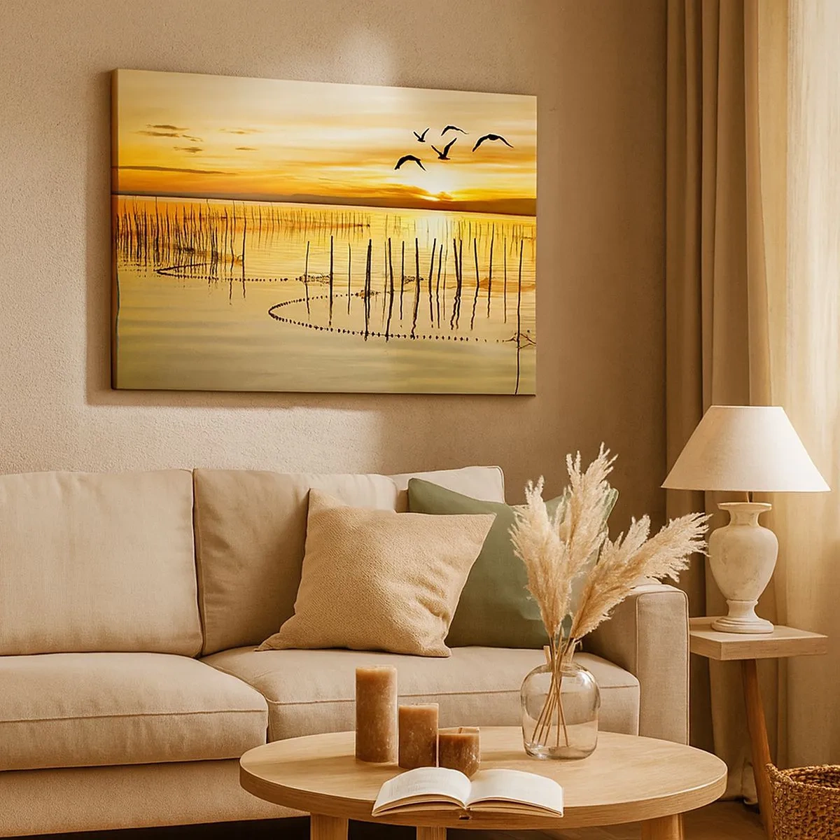 Bild auf Leinwand - Leinwandbild - Sonnenuntergang über dem Wasser mit Vögeln im Flug - 70x50cm - In der Fischerei - Moderne Wanddekoration für Wohnzimmer und Schlafzimmer ARTTOR