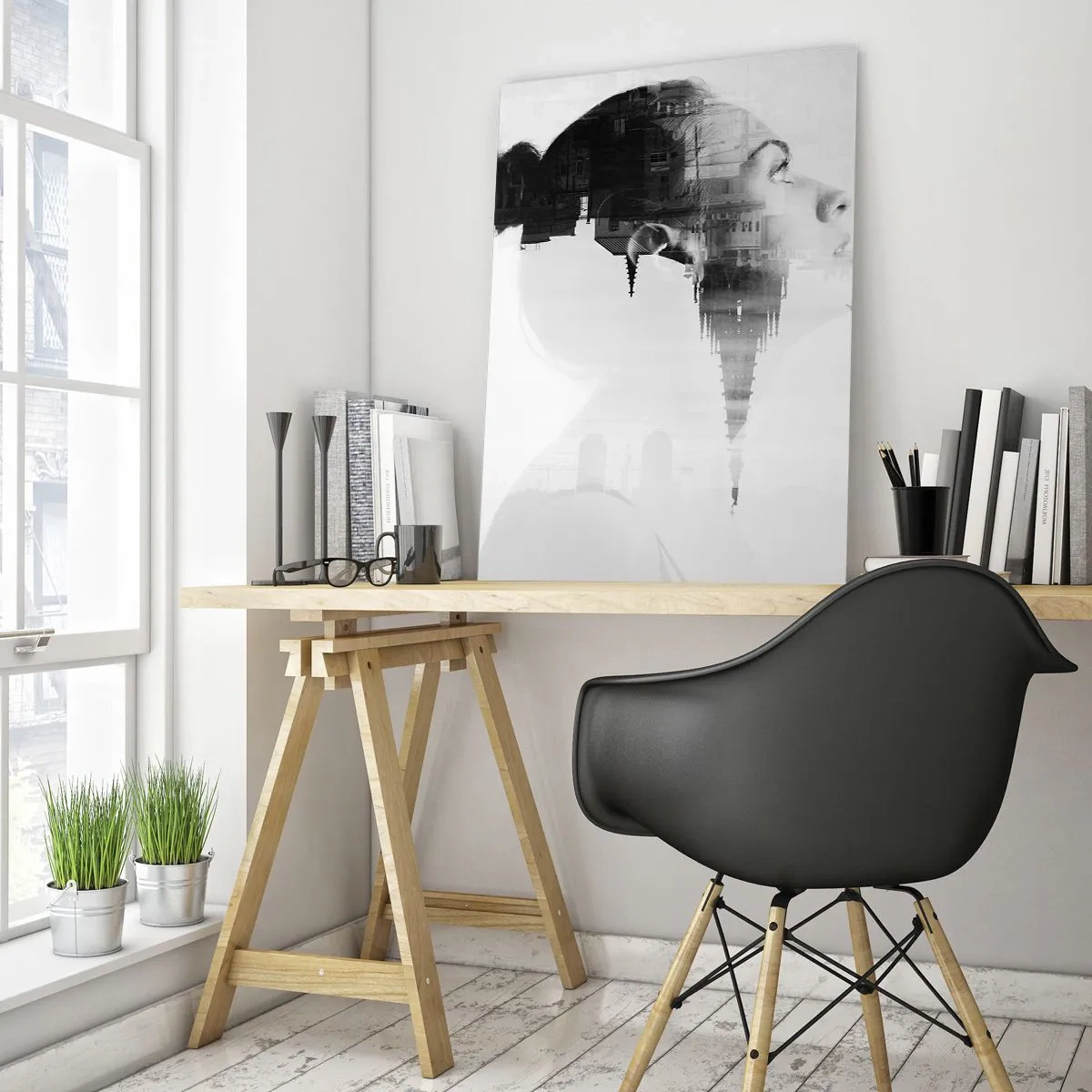 Glasbild - Bild auf glas - Silhouette einer Frau mit architektonischen Elementen im Hintergrund - 50x70cm - Auf beiden Seiten des Glases - Moderne Wanddekoration für Wohnzimmer und Schlafzimmer ARTTOR