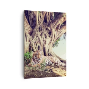 Bild auf Leinwand - Leinwandbild - Ein Tiger ruht unter einem ausladenden Baum - 70x100cm - Blick aus dem Buch Genesis - Moderne Wanddekoration für Wohnzimmer und Schlafzimmer ARTTOR