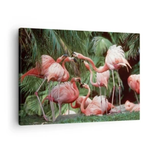 Bild auf Leinwand - Leinwandbild - Eine Gruppe von Flamingos in einer tropischen Umgebung, umgeben von Palmen - 70x50cm - Nachmittagsklatsch - Moderne Wanddekoration für Wohnzimmer und Schlafzimmer ARTTOR