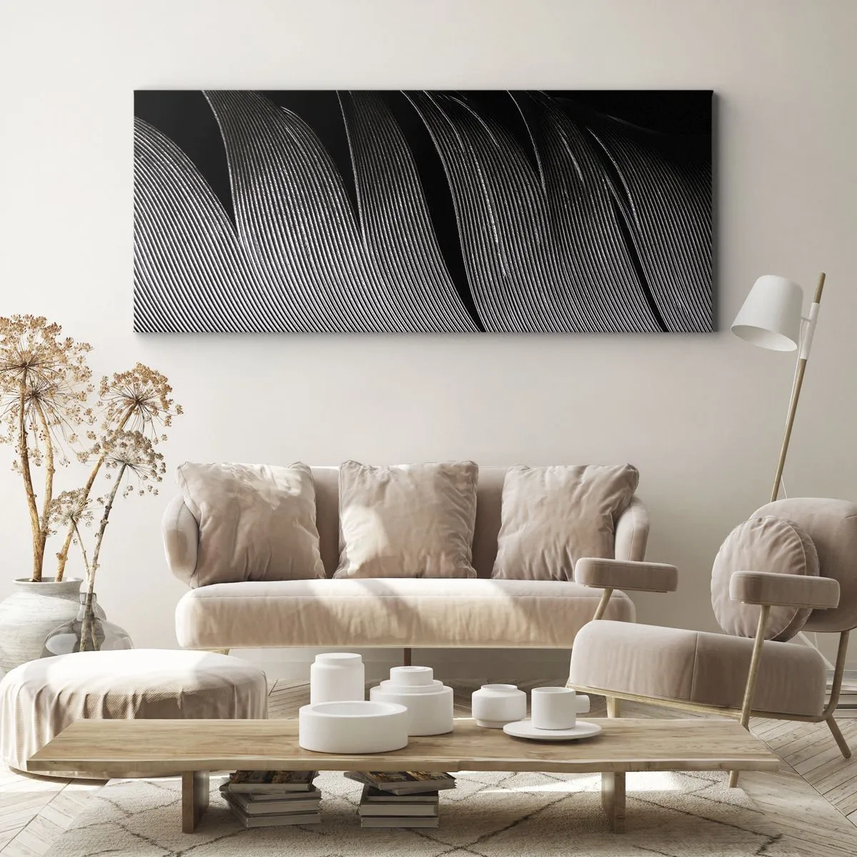 Bild auf Leinwand - Leinwandbild - Schwarz-weiße Federstruktur im minimalistischen Stil - 160x50cm - Stift – ein wunderbares Design - Moderne Wanddekoration für Wohnzimmer und Schlafzimmer ARTTOR