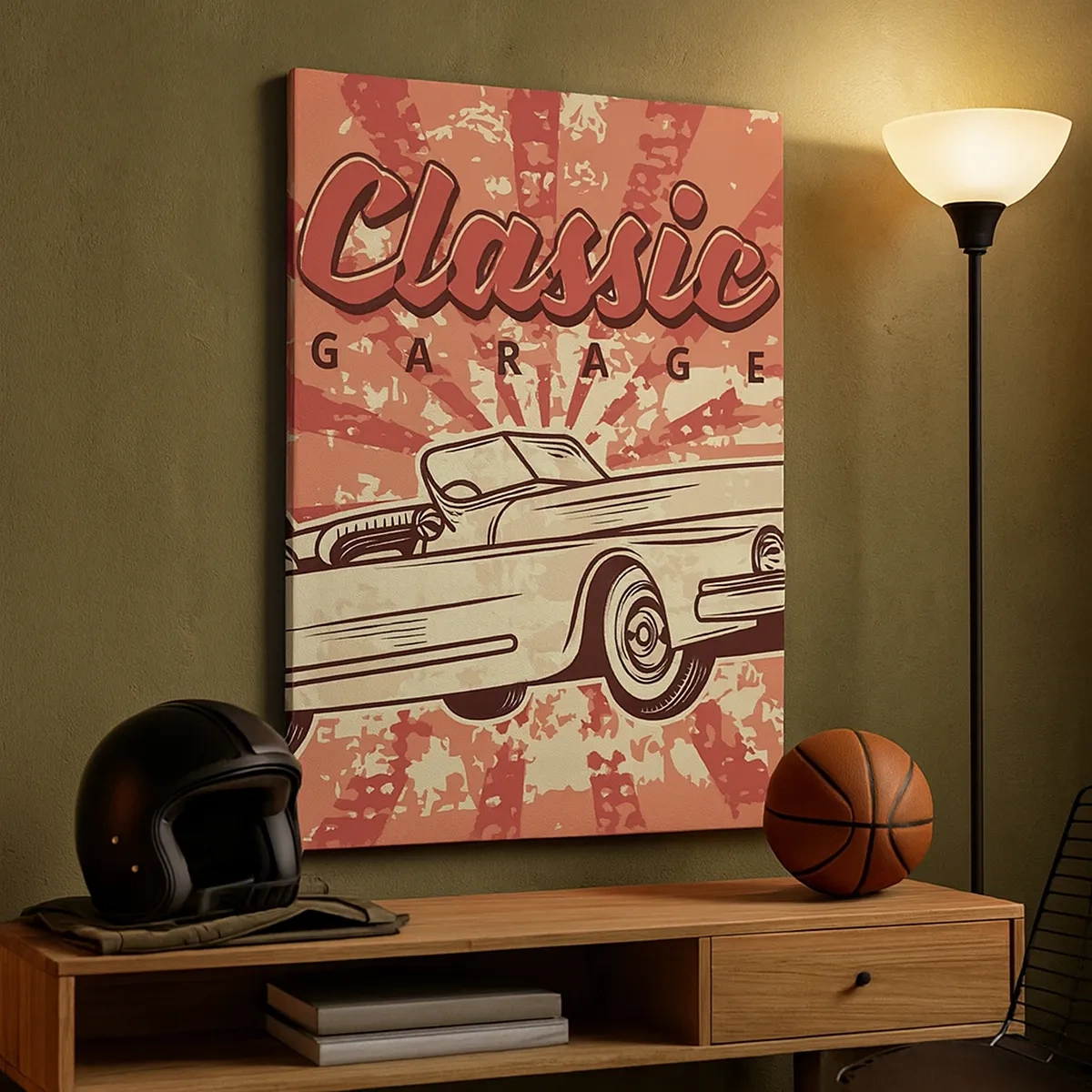Bild auf Leinwand - Leinwandbild - Retro-Poster mit einem Oldtimer und der Aufschrift „Classic Garage“ - 50x70cm - Und im Radio, Elvis - Moderne Wanddekoration für Wohnzimmer und Schlafzimmer ARTTOR