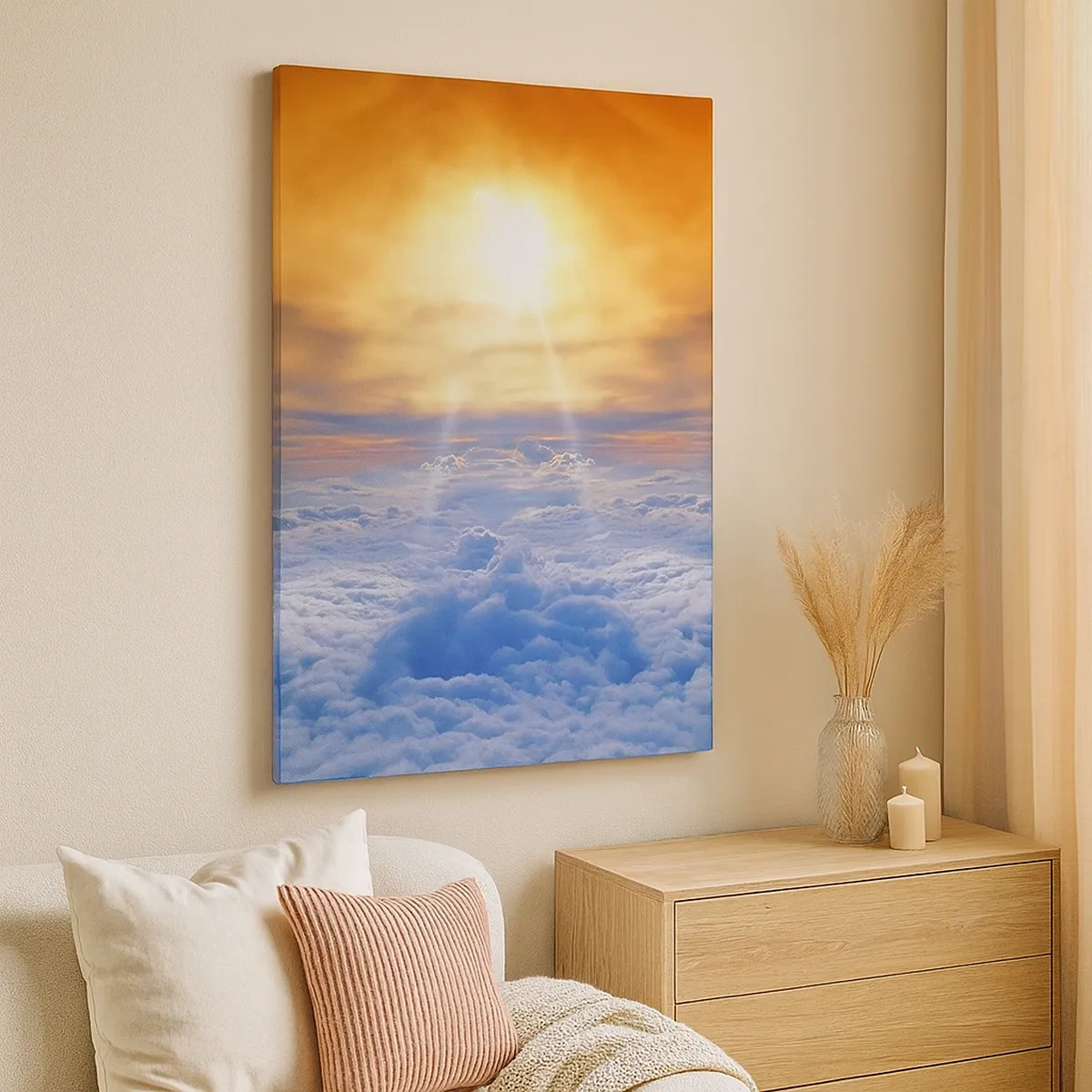 Bild auf Leinwand - Leinwandbild - Sonnenuntergang über den Wolken, der Himmel voller goldener Farben und Licht. - 50x70cm - Mystische Landschaft - Moderne Wanddekoration für Wohnzimmer und Schlafzimmer ARTTOR