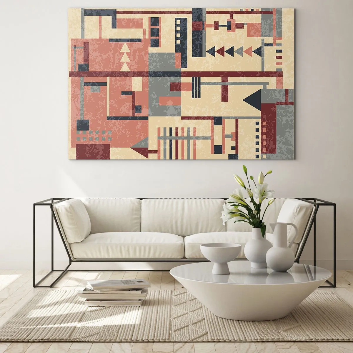 Glasbild - Bild auf glas - Abstraktes geometrisches Muster in Beige- und Rottönen - 70x50cm - Eine Kombination aus Vertikalen und Ebenen - Moderne Wanddekoration für Wohnzimmer und Schlafzimmer ARTTOR