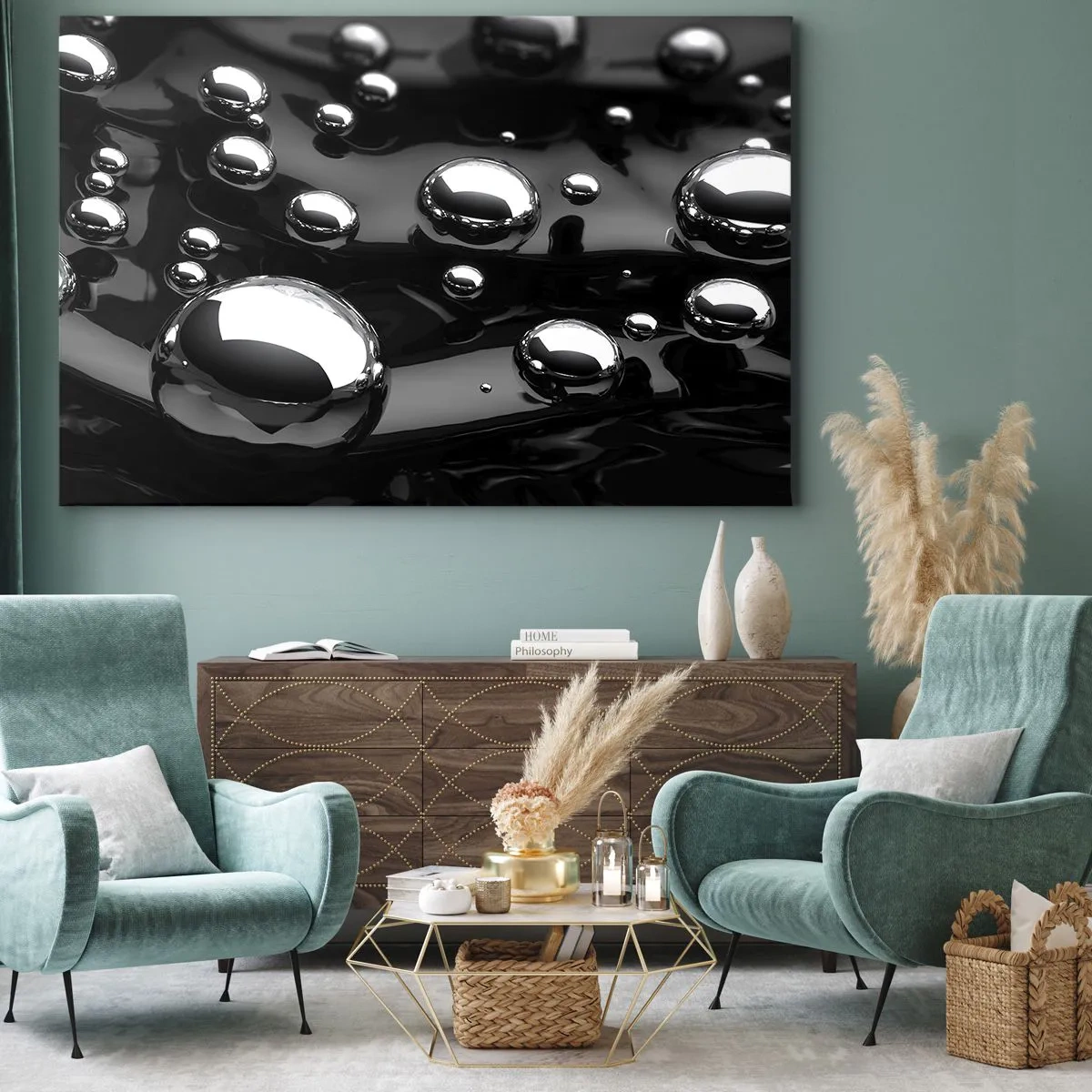 Bild auf Leinwand - Leinwandbild - Abstrakte Tropfen auf einer schwarzen Oberfläche - 70x50cm - Aus der schwarzen Wassertiefe - Moderne Wanddekoration für Wohnzimmer und Schlafzimmer ARTTOR