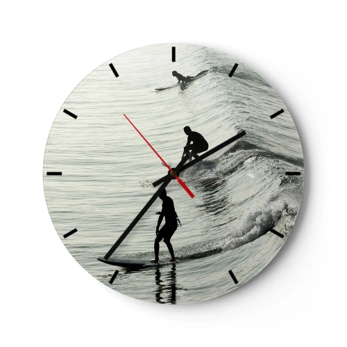 Wanduhr - Glasuhr - Surfer reiten auf Morgenwellen auf ruhigem Meer - 30x30cm - Gegen die Welle - Moderne Wanddekoration für Wohnzimmer, Küche und Schlafzimmer ARTTOR
